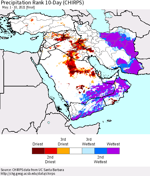 Middle East and Turkey Precipitation Rank since 1981, 10-Day (CHIRPS) Thematic Map For 5/1/2021 - 5/10/2021