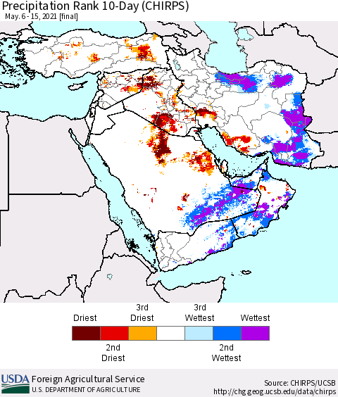 Middle East and Turkey Precipitation Rank since 1981, 10-Day (CHIRPS) Thematic Map For 5/6/2021 - 5/15/2021