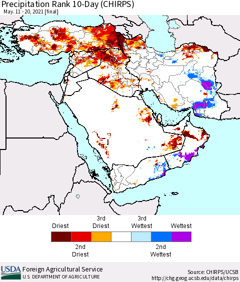 Middle East and Turkey Precipitation Rank since 1981, 10-Day (CHIRPS) Thematic Map For 5/11/2021 - 5/20/2021