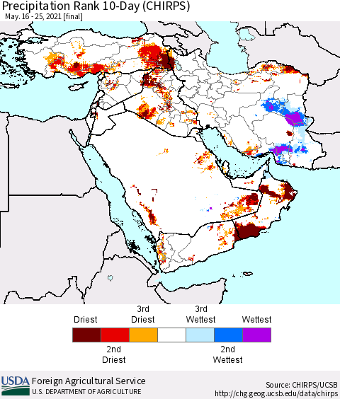 Middle East and Turkey Precipitation Rank since 1981, 10-Day (CHIRPS) Thematic Map For 5/16/2021 - 5/25/2021