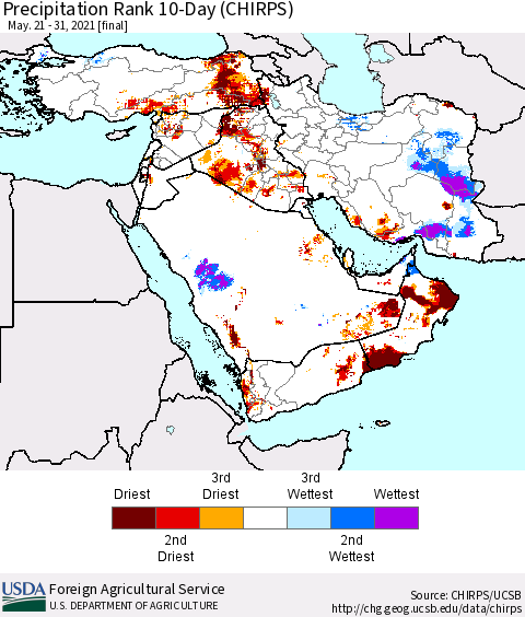 Middle East and Turkey Precipitation Rank since 1981, 10-Day (CHIRPS) Thematic Map For 5/21/2021 - 5/31/2021