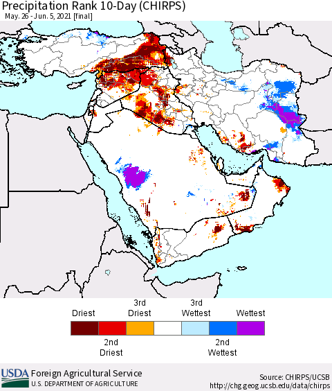 Middle East and Turkey Precipitation Rank since 1981, 10-Day (CHIRPS) Thematic Map For 5/26/2021 - 6/5/2021