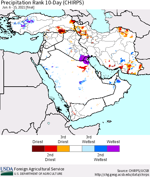 Middle East and Turkey Precipitation Rank since 1981, 10-Day (CHIRPS) Thematic Map For 6/6/2021 - 6/15/2021