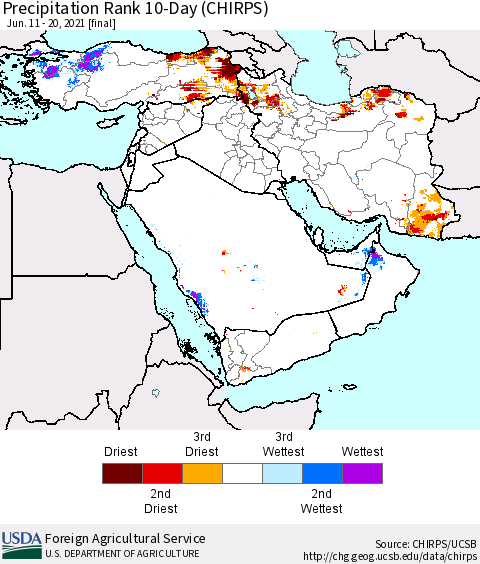 Middle East and Turkey Precipitation Rank since 1981, 10-Day (CHIRPS) Thematic Map For 6/11/2021 - 6/20/2021