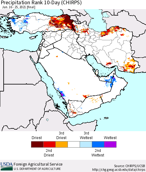 Middle East and Turkey Precipitation Rank since 1981, 10-Day (CHIRPS) Thematic Map For 6/16/2021 - 6/25/2021