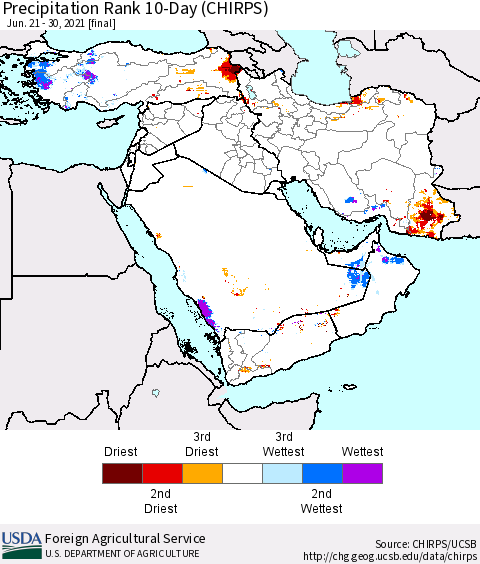 Middle East and Turkey Precipitation Rank since 1981, 10-Day (CHIRPS) Thematic Map For 6/21/2021 - 6/30/2021
