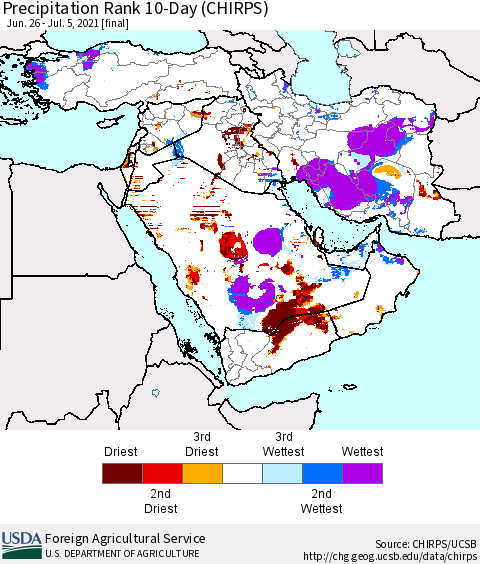 Middle East and Turkey Precipitation Rank since 1981, 10-Day (CHIRPS) Thematic Map For 6/26/2021 - 7/5/2021