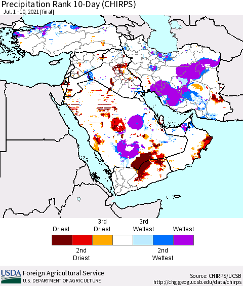 Middle East and Turkey Precipitation Rank since 1981, 10-Day (CHIRPS) Thematic Map For 7/1/2021 - 7/10/2021