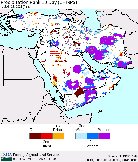 Middle East and Turkey Precipitation Rank since 1981, 10-Day (CHIRPS) Thematic Map For 7/6/2021 - 7/15/2021