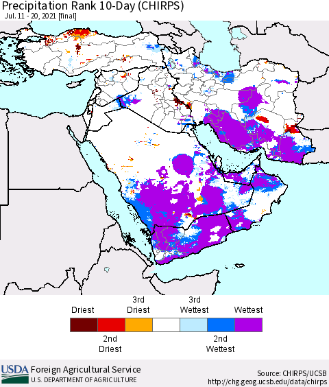 Middle East and Turkey Precipitation Rank since 1981, 10-Day (CHIRPS) Thematic Map For 7/11/2021 - 7/20/2021