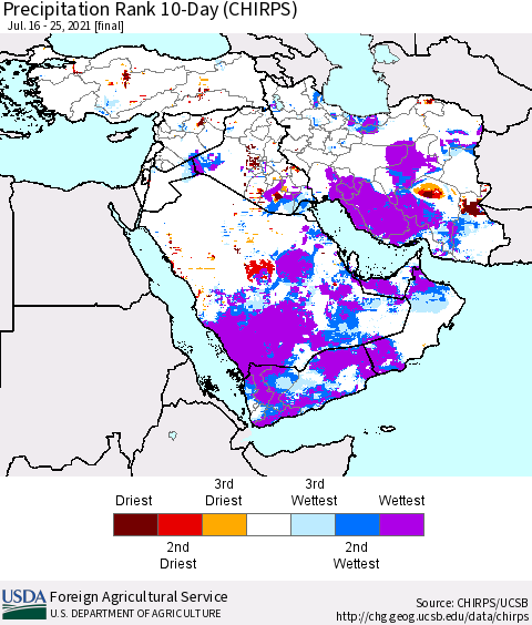 Middle East and Turkey Precipitation Rank since 1981, 10-Day (CHIRPS) Thematic Map For 7/16/2021 - 7/25/2021