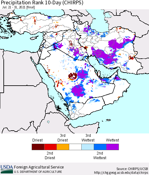 Middle East and Turkey Precipitation Rank since 1981, 10-Day (CHIRPS) Thematic Map For 7/21/2021 - 7/31/2021