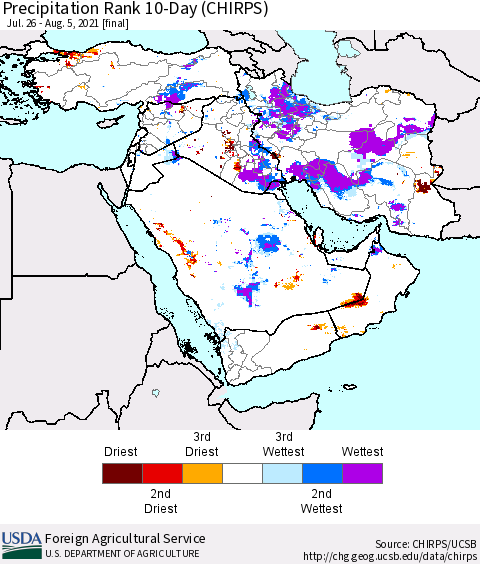 Middle East and Turkey Precipitation Rank since 1981, 10-Day (CHIRPS) Thematic Map For 7/26/2021 - 8/5/2021