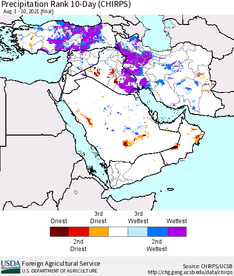 Middle East and Turkey Precipitation Rank since 1981, 10-Day (CHIRPS) Thematic Map For 8/1/2021 - 8/10/2021