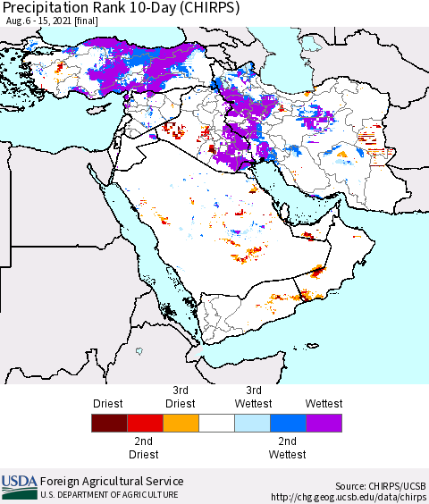 Middle East and Turkey Precipitation Rank since 1981, 10-Day (CHIRPS) Thematic Map For 8/6/2021 - 8/15/2021