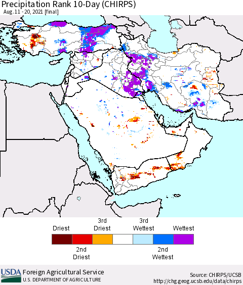 Middle East and Turkey Precipitation Rank since 1981, 10-Day (CHIRPS) Thematic Map For 8/11/2021 - 8/20/2021