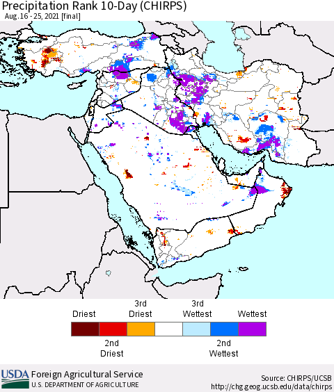 Middle East and Turkey Precipitation Rank since 1981, 10-Day (CHIRPS) Thematic Map For 8/16/2021 - 8/25/2021