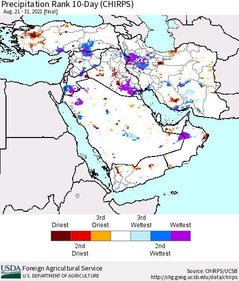 Middle East and Turkey Precipitation Rank since 1981, 10-Day (CHIRPS) Thematic Map For 8/21/2021 - 8/31/2021