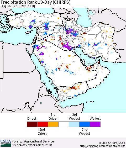 Middle East and Turkey Precipitation Rank since 1981, 10-Day (CHIRPS) Thematic Map For 8/26/2021 - 9/5/2021