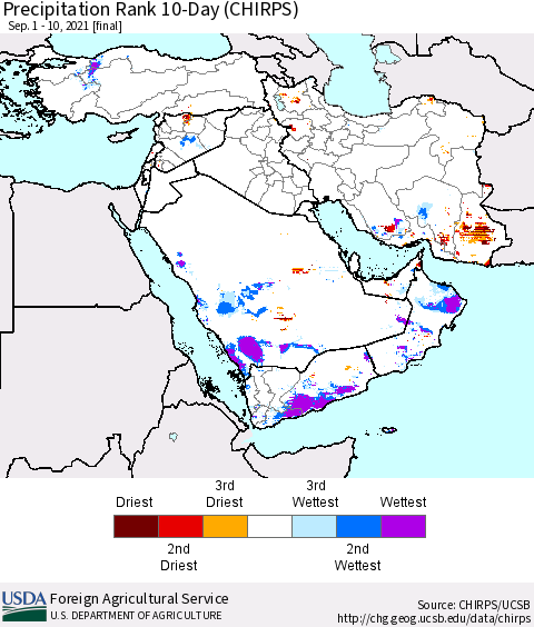 Middle East and Turkey Precipitation Rank since 1981, 10-Day (CHIRPS) Thematic Map For 9/1/2021 - 9/10/2021
