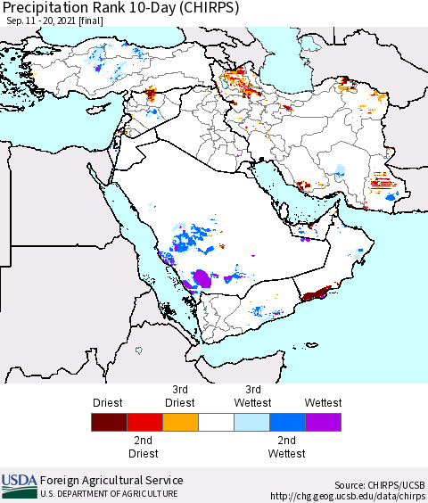 Middle East and Turkey Precipitation Rank since 1981, 10-Day (CHIRPS) Thematic Map For 9/11/2021 - 9/20/2021