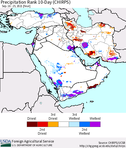 Middle East and Turkey Precipitation Rank since 1981, 10-Day (CHIRPS) Thematic Map For 9/16/2021 - 9/25/2021