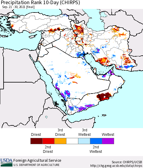 Middle East and Turkey Precipitation Rank since 1981, 10-Day (CHIRPS) Thematic Map For 9/21/2021 - 9/30/2021