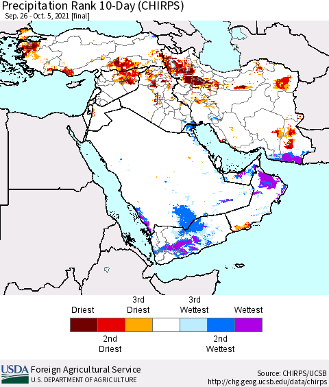 Middle East and Turkey Precipitation Rank since 1981, 10-Day (CHIRPS) Thematic Map For 9/26/2021 - 10/5/2021