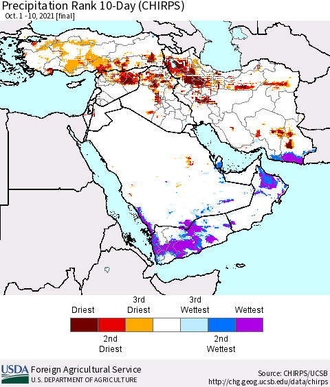 Middle East and Turkey Precipitation Rank since 1981, 10-Day (CHIRPS) Thematic Map For 10/1/2021 - 10/10/2021