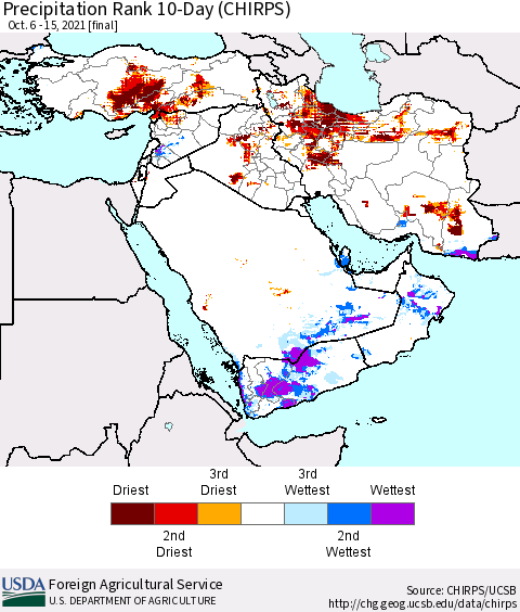 Middle East and Turkey Precipitation Rank since 1981, 10-Day (CHIRPS) Thematic Map For 10/6/2021 - 10/15/2021