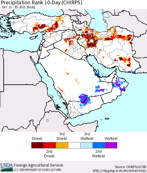 Middle East and Turkey Precipitation Rank since 1981, 10-Day (CHIRPS) Thematic Map For 10/11/2021 - 10/20/2021