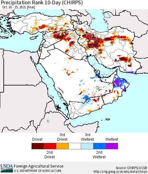 Middle East and Turkey Precipitation Rank since 1981, 10-Day (CHIRPS) Thematic Map For 10/16/2021 - 10/25/2021