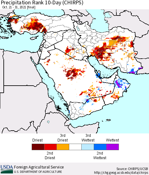 Middle East and Turkey Precipitation Rank since 1981, 10-Day (CHIRPS) Thematic Map For 10/21/2021 - 10/31/2021