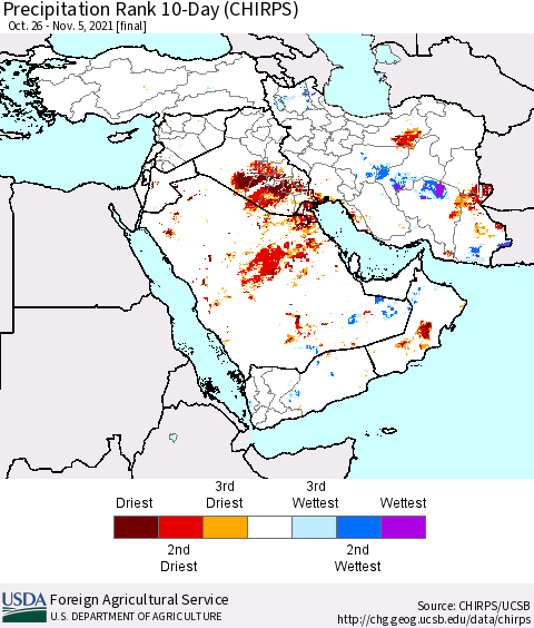 Middle East and Turkey Precipitation Rank since 1981, 10-Day (CHIRPS) Thematic Map For 10/26/2021 - 11/5/2021