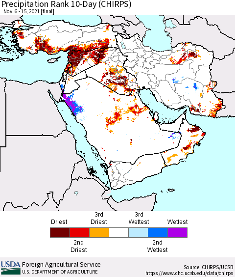 Middle East and Turkey Precipitation Rank since 1981, 10-Day (CHIRPS) Thematic Map For 11/6/2021 - 11/15/2021
