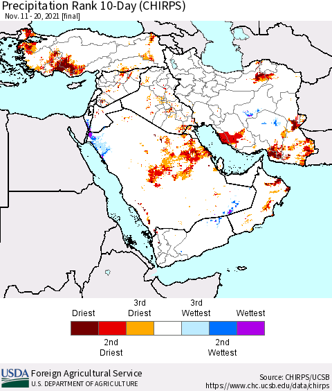 Middle East and Turkey Precipitation Rank since 1981, 10-Day (CHIRPS) Thematic Map For 11/11/2021 - 11/20/2021