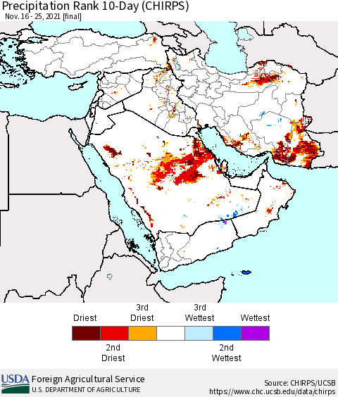 Middle East and Turkey Precipitation Rank since 1981, 10-Day (CHIRPS) Thematic Map For 11/16/2021 - 11/25/2021