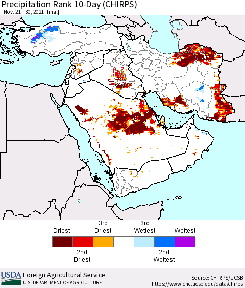 Middle East and Turkey Precipitation Rank since 1981, 10-Day (CHIRPS) Thematic Map For 11/21/2021 - 11/30/2021