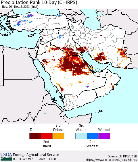 Middle East and Turkey Precipitation Rank since 1981, 10-Day (CHIRPS) Thematic Map For 11/26/2021 - 12/5/2021