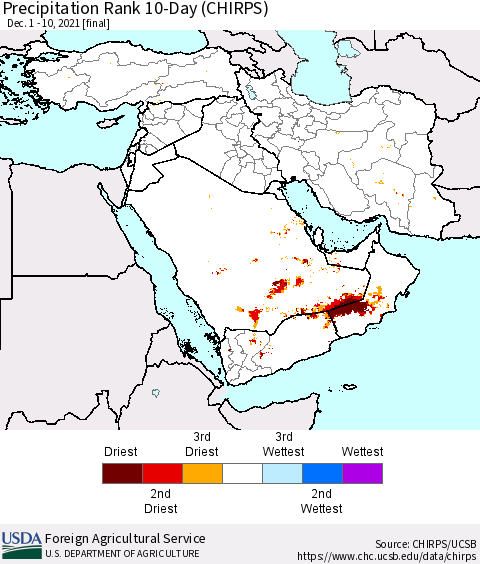 Middle East and Turkey Precipitation Rank since 1981, 10-Day (CHIRPS) Thematic Map For 12/1/2021 - 12/10/2021