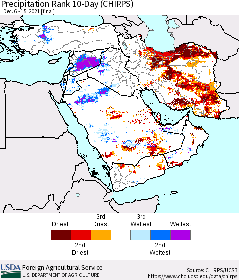 Middle East and Turkey Precipitation Rank since 1981, 10-Day (CHIRPS) Thematic Map For 12/6/2021 - 12/15/2021
