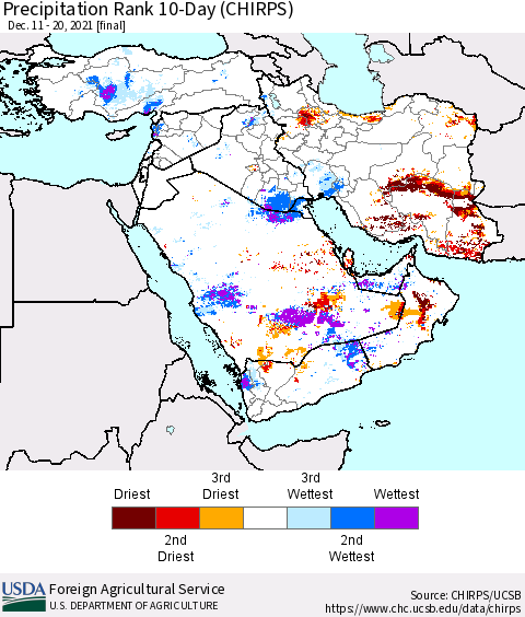Middle East and Turkey Precipitation Rank since 1981, 10-Day (CHIRPS) Thematic Map For 12/11/2021 - 12/20/2021