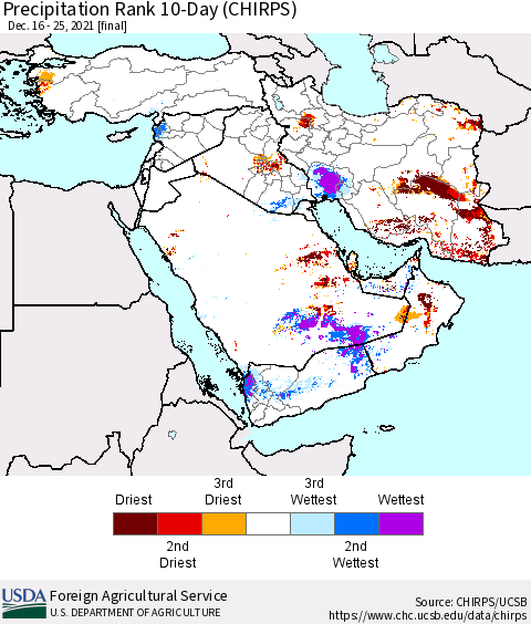 Middle East and Turkey Precipitation Rank since 1981, 10-Day (CHIRPS) Thematic Map For 12/16/2021 - 12/25/2021