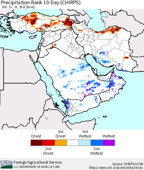 Middle East and Turkey Precipitation Rank since 1981, 10-Day (CHIRPS) Thematic Map For 12/21/2021 - 12/31/2021