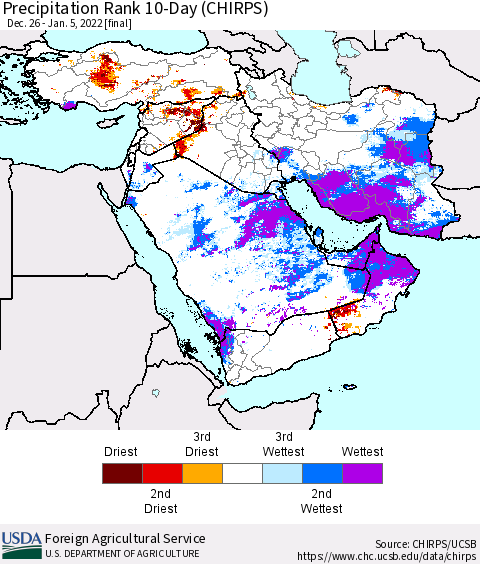 Middle East and Turkey Precipitation Rank since 1981, 10-Day (CHIRPS) Thematic Map For 12/26/2021 - 1/5/2022