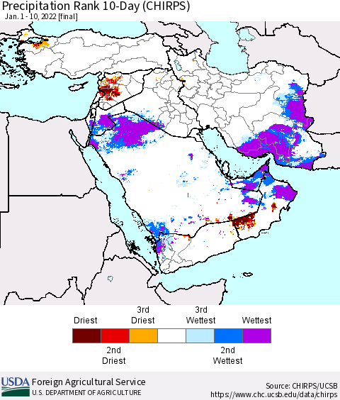 Middle East and Turkey Precipitation Rank since 1981, 10-Day (CHIRPS) Thematic Map For 1/1/2022 - 1/10/2022