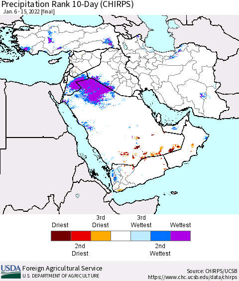 Middle East and Turkey Precipitation Rank since 1981, 10-Day (CHIRPS) Thematic Map For 1/6/2022 - 1/15/2022
