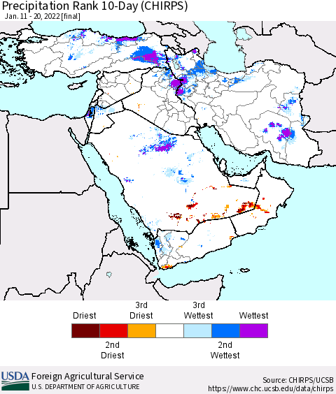Middle East and Turkey Precipitation Rank since 1981, 10-Day (CHIRPS) Thematic Map For 1/11/2022 - 1/20/2022