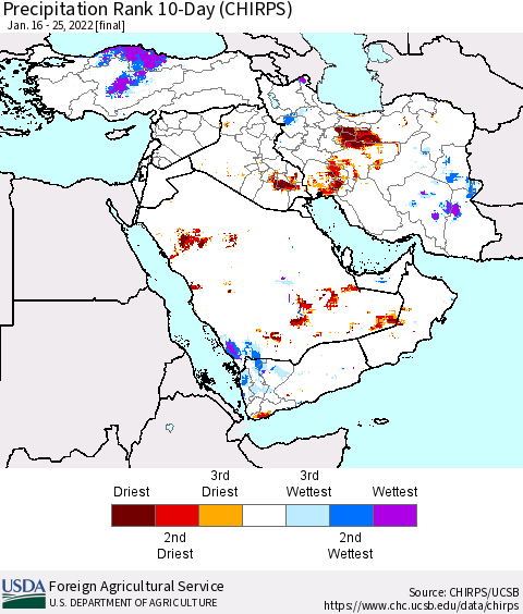 Middle East and Turkey Precipitation Rank since 1981, 10-Day (CHIRPS) Thematic Map For 1/16/2022 - 1/25/2022