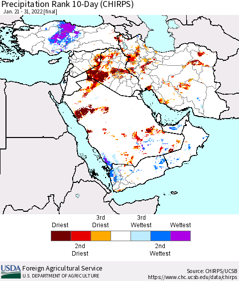 Middle East and Turkey Precipitation Rank since 1981, 10-Day (CHIRPS) Thematic Map For 1/21/2022 - 1/31/2022
